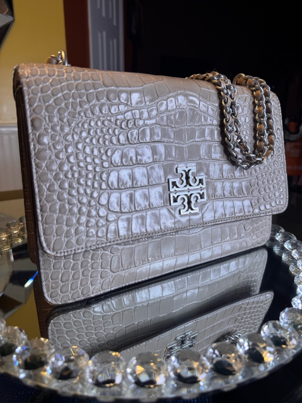 Tory Burch Britten Crocodile Adjustable Shoulder Bag in Tan